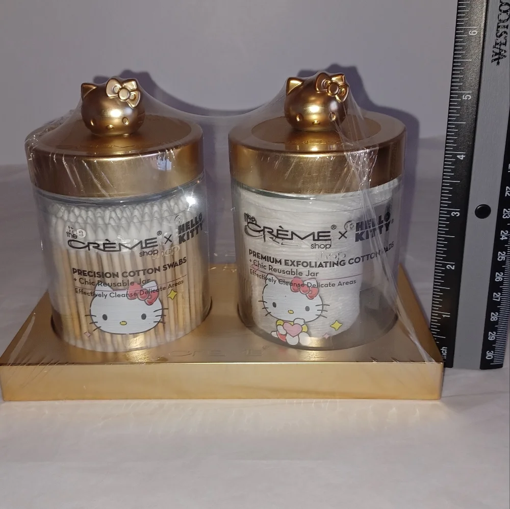 Last Set! Hello Kitty Glass Jar Vanity Set w/Cotton Swabs & Pads, Gold - Picture 2 of 6